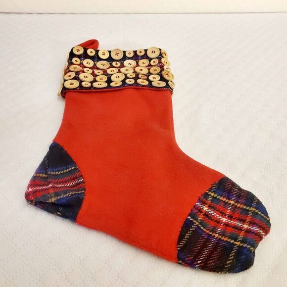 Buttons/Plaid Christmas Stocking - Picture 1 of 9